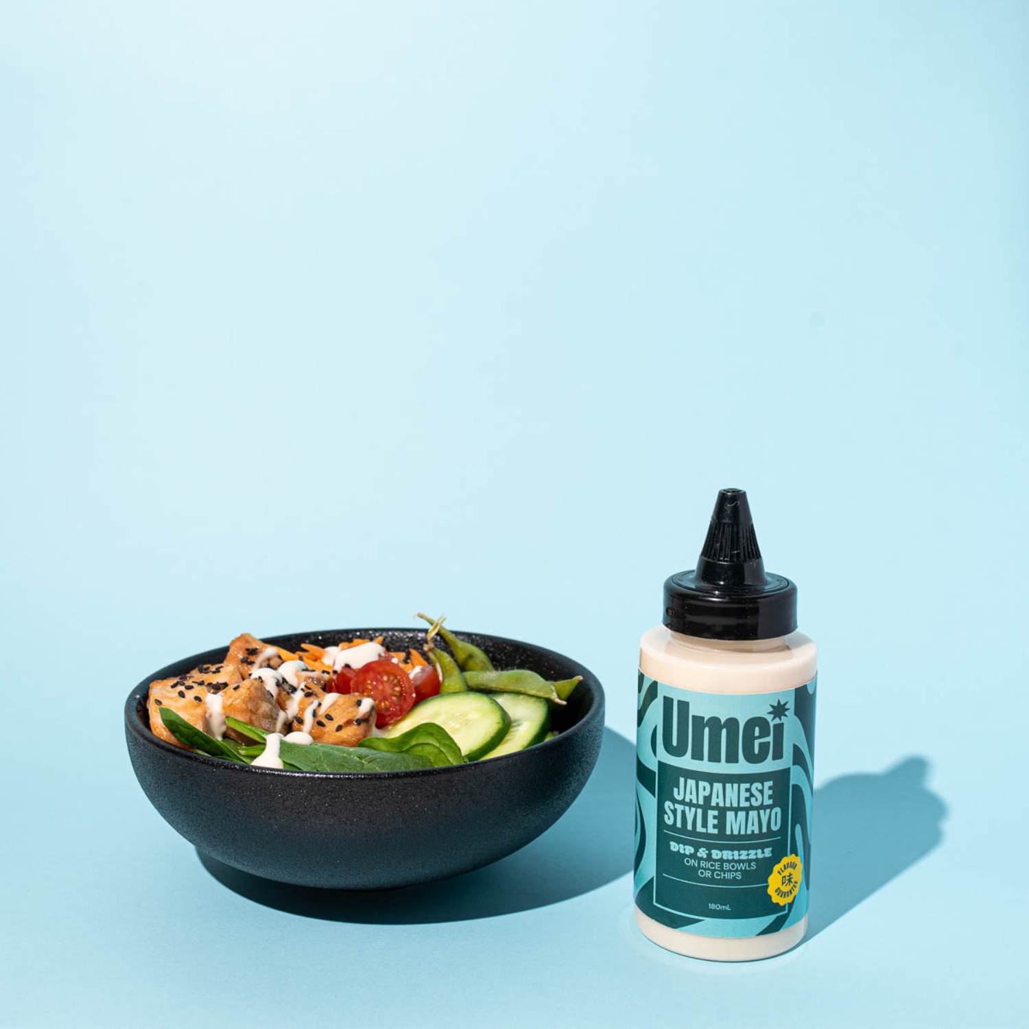 Umei Japanese style mayo with salmon bowl on blue background