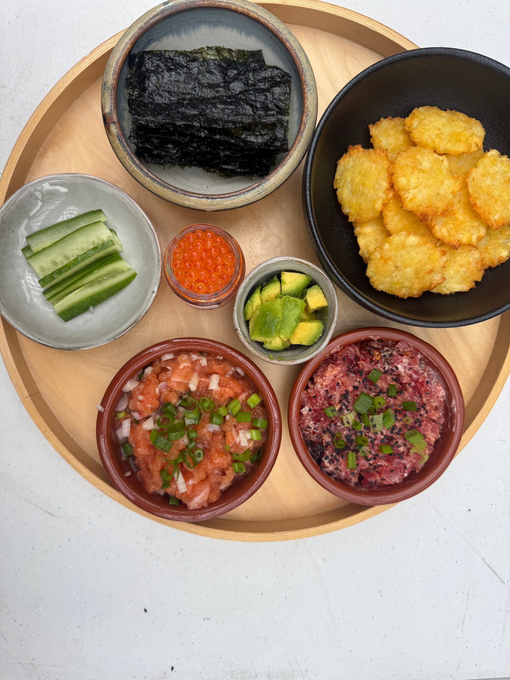 Crispy Smashed Potato Gems with Tuna & Salmon Sashimi