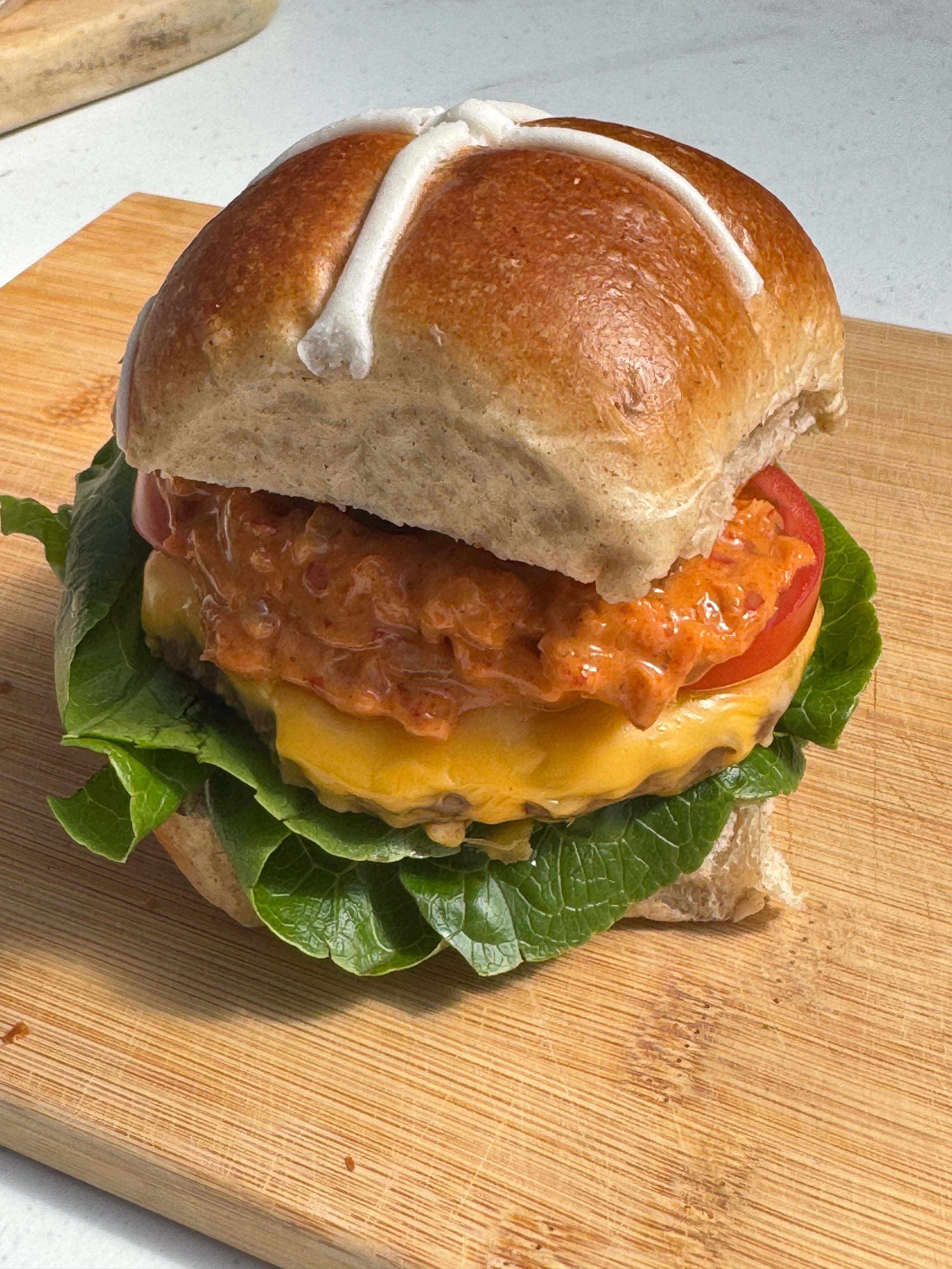 Smashed Burger Hot Cross Buns with Kimchi Mayo