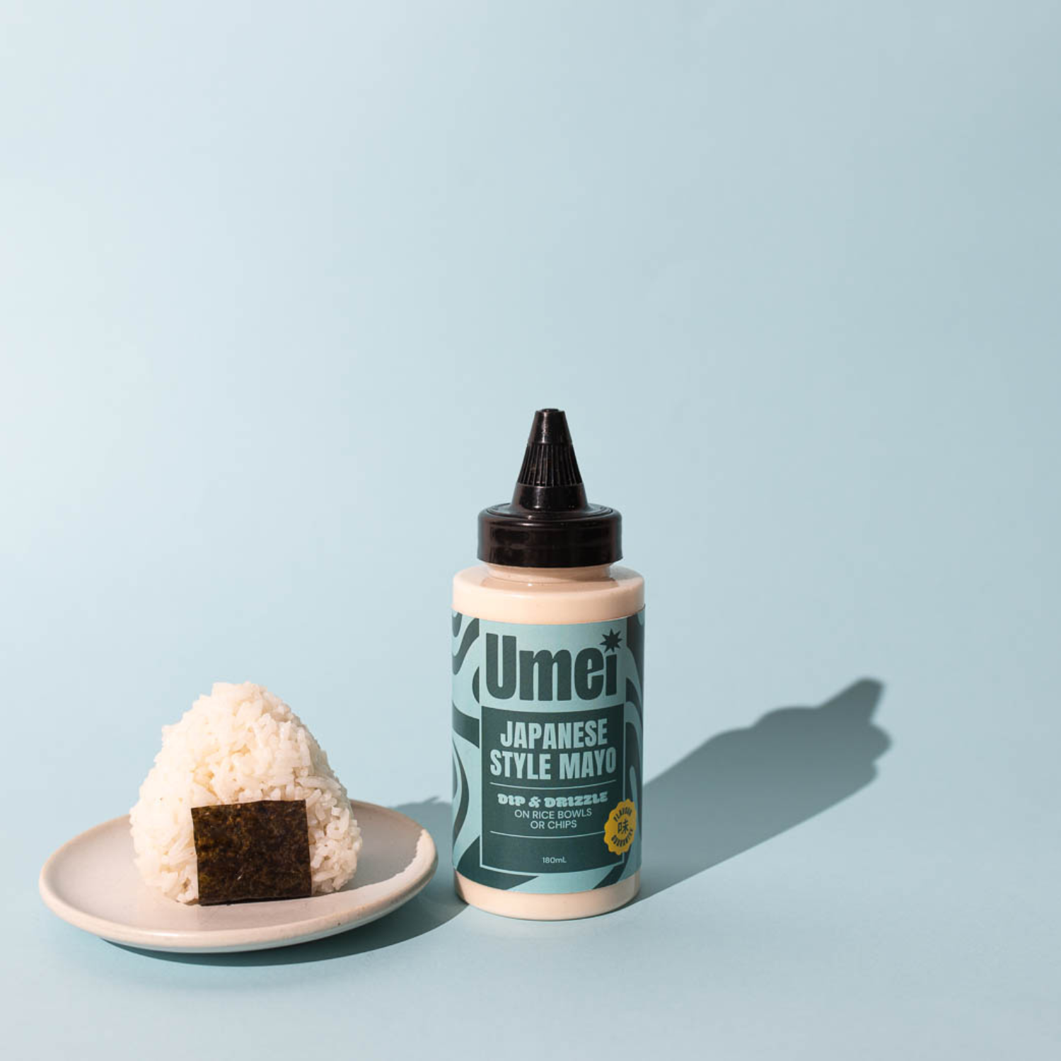 Umei Japanese Mayo and Onigiri on blue background
